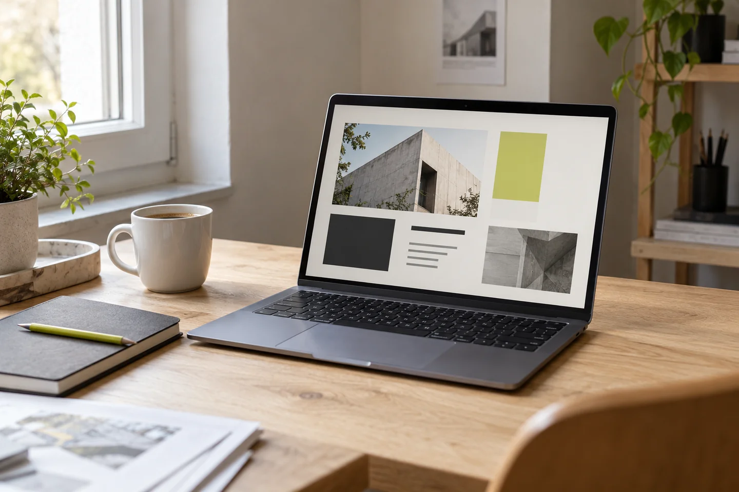 Symbolbild: Laptop mit einem klaren Website-Layout an einem Schreibtisch